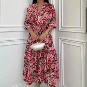 Zara Ikat Print Button-Down Belted Midi Dress, 100% Cotton, Size XS